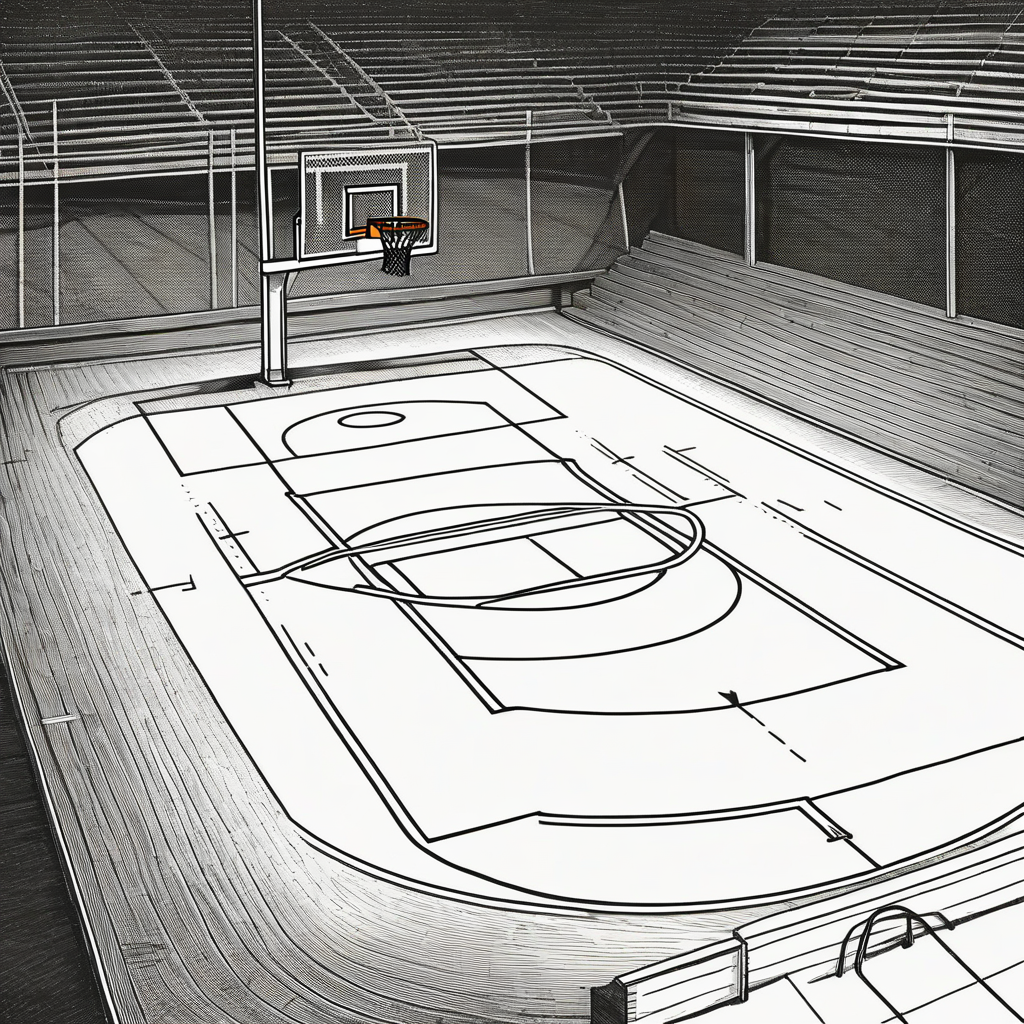 a basketball hoop and ball on court