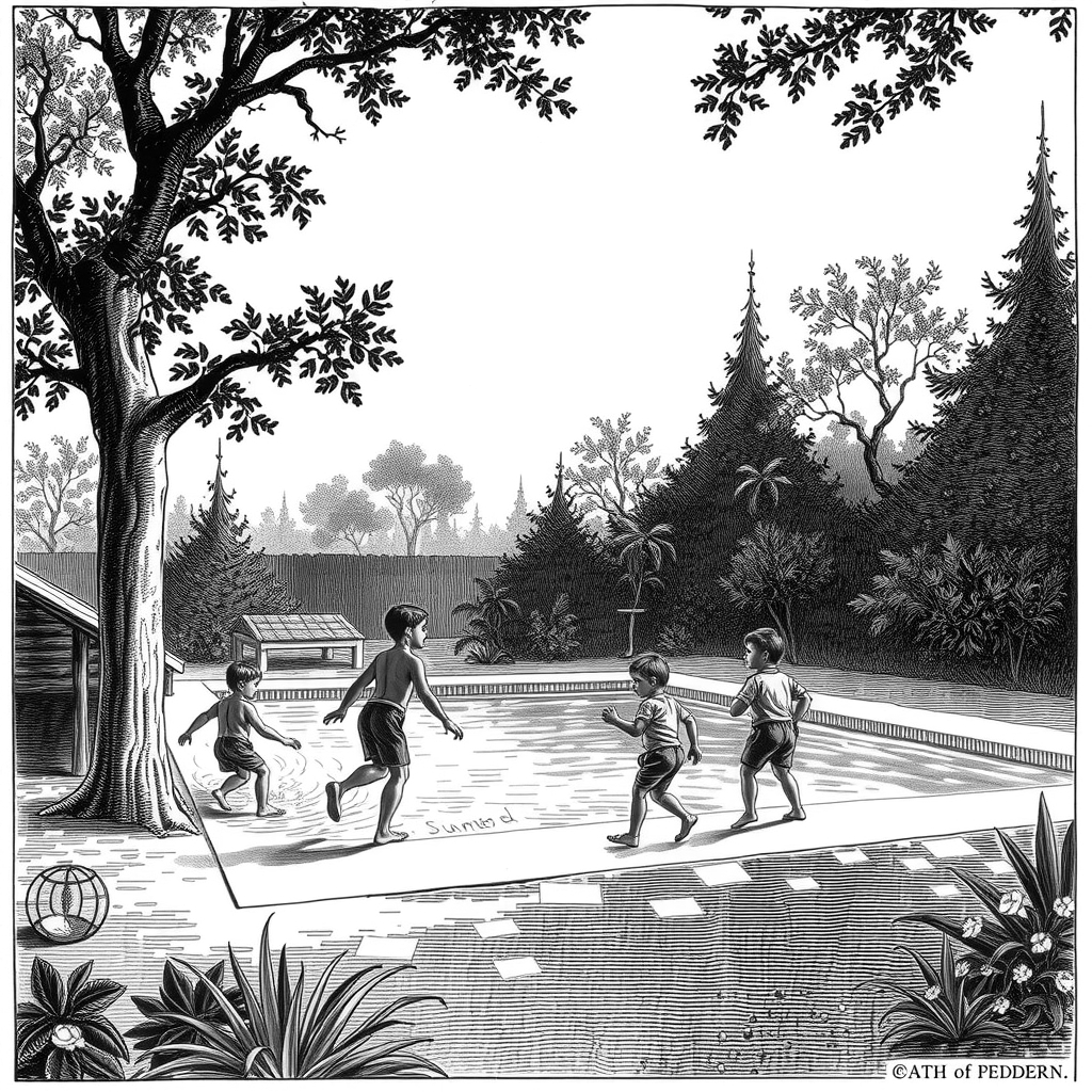 garden with children and pool
