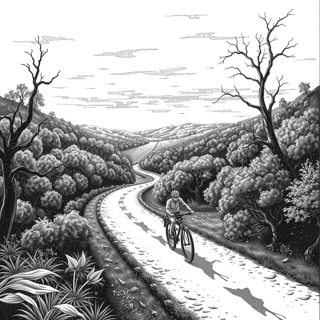 a cycling trail through landscaped terrain