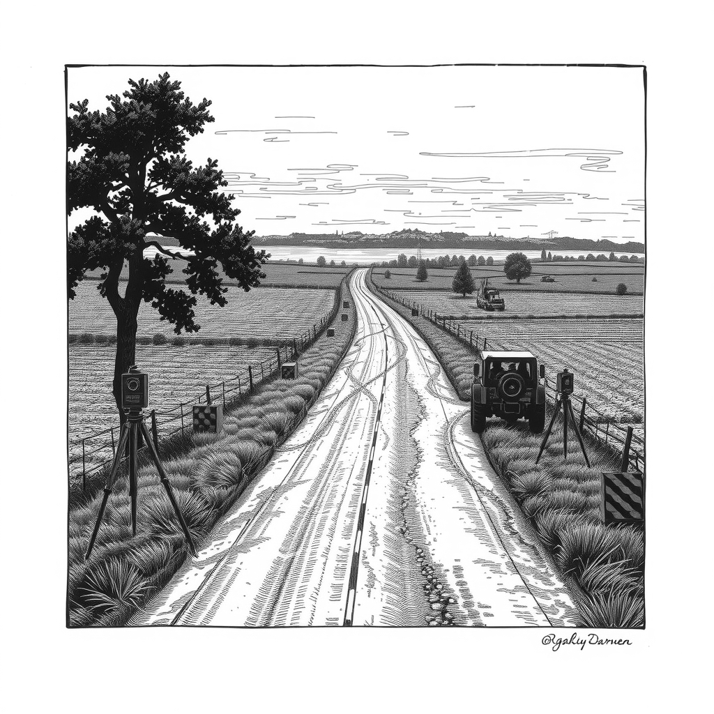 a country road with construction markers
