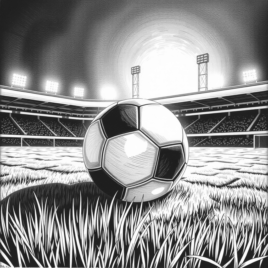 soccer ball on a pitch under stadium lights