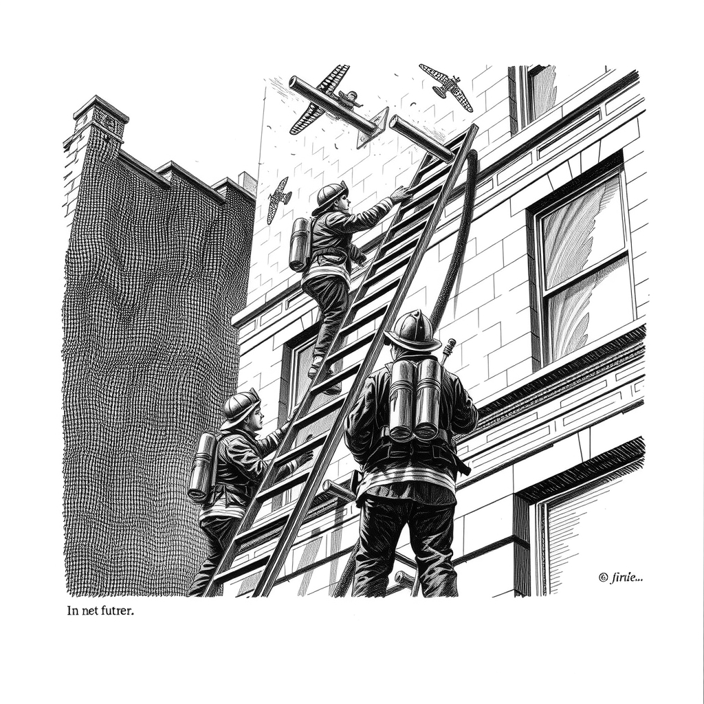 firefighters ascending a tall ladder