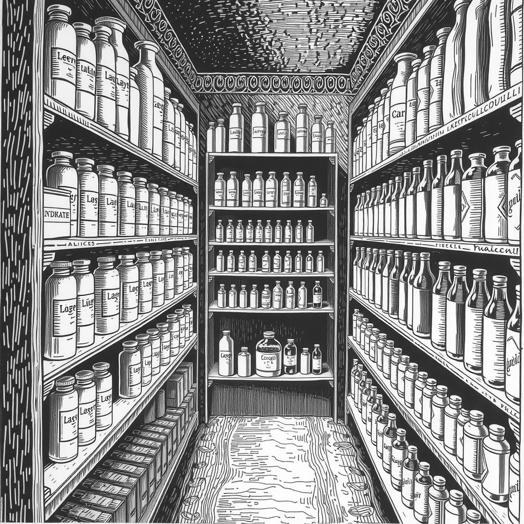 pharmacy shelves with medicines