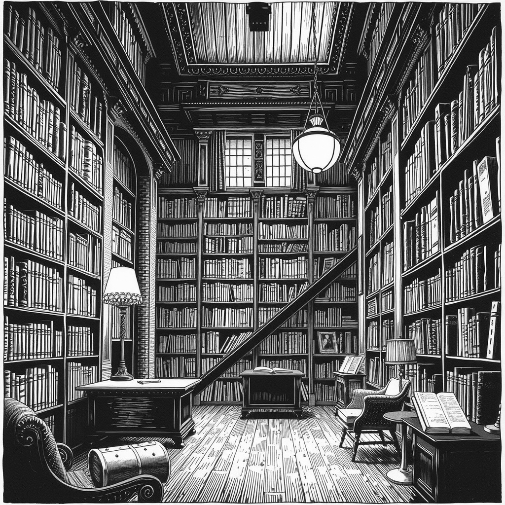 a library interior at evening