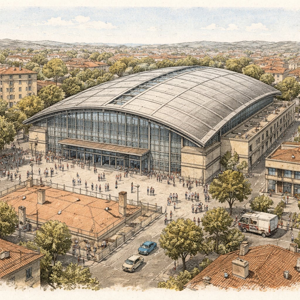 Elevated view of basketball arena with broadcast van and fans arriving.