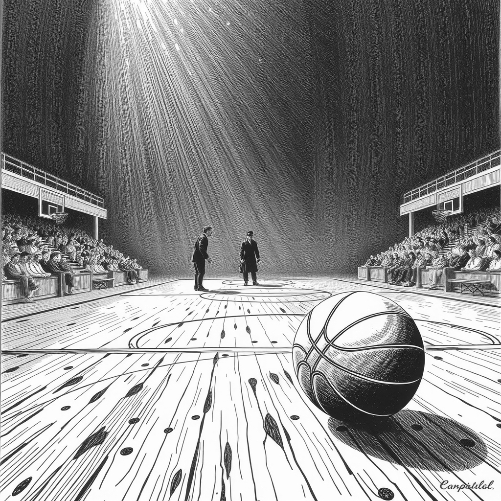 a basketball on a wooden court