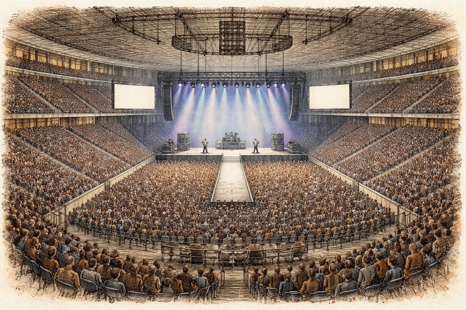 Elevated view inside arena during a rock concert with stage lighting.