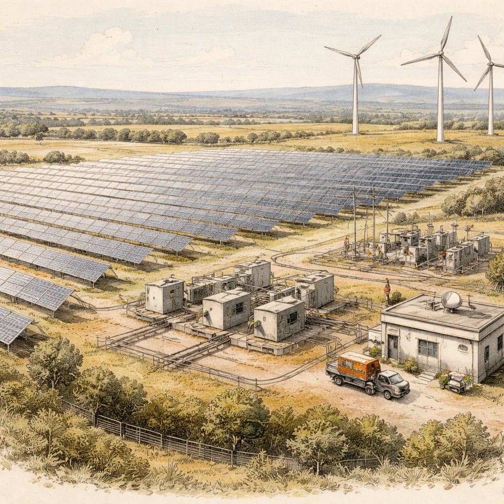 Wide view of solar panels and wind turbines on Romanian farmland.