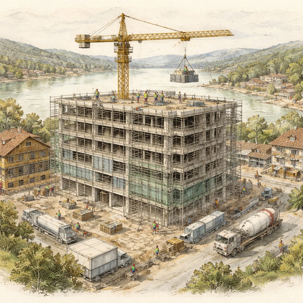 New hotel under construction beside a lake in a resort town.