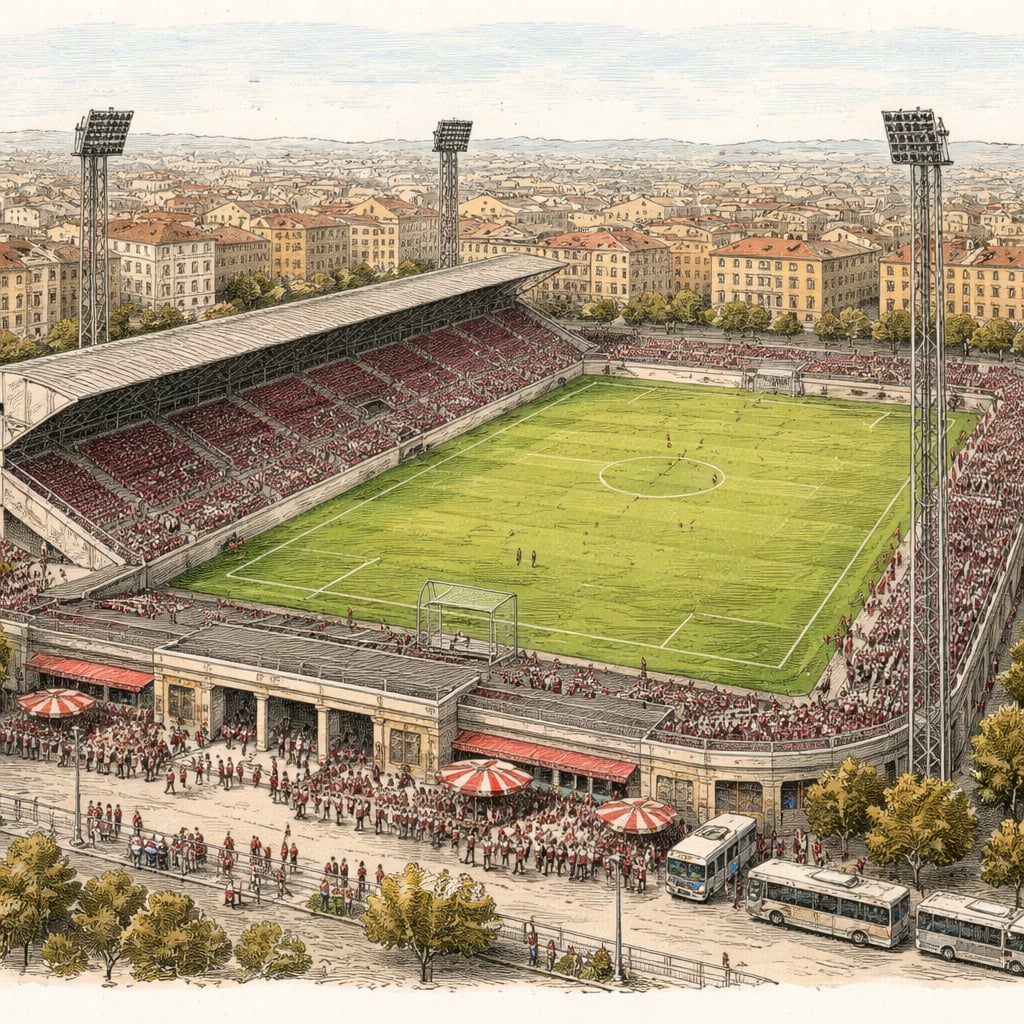 Historic stadium in Bucharest with fans gathering before a friendly match.