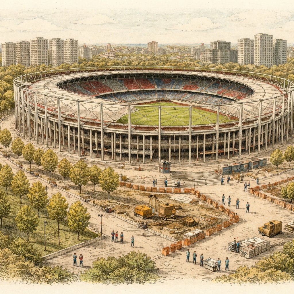 Stadium and surrounding park undergoing renovation work in Bucharest.