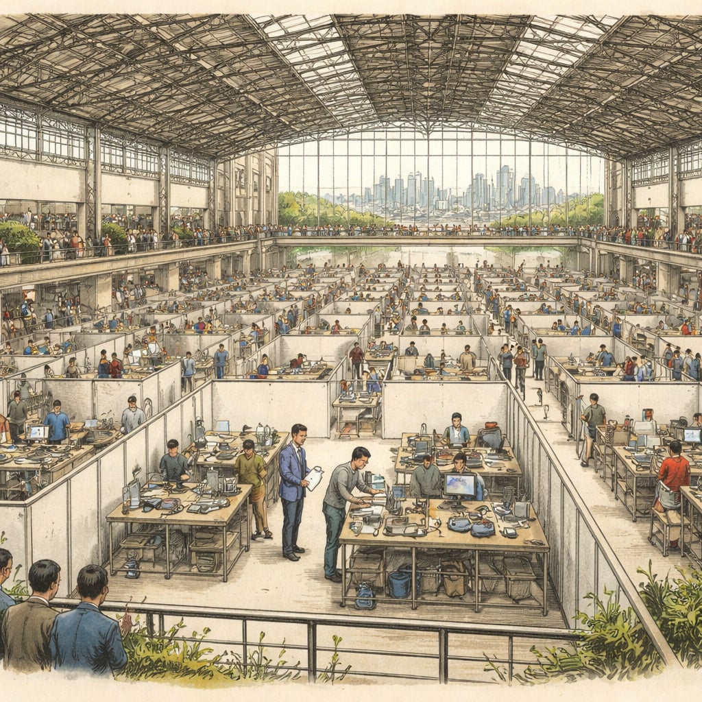 Young competitor at a skills competition station inside a Shanghai exhibition hall.