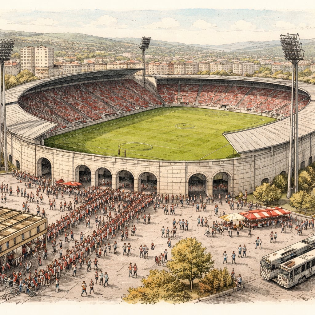 Fans queueing for tickets outside a soccer stadium in Cluj-Napoca.