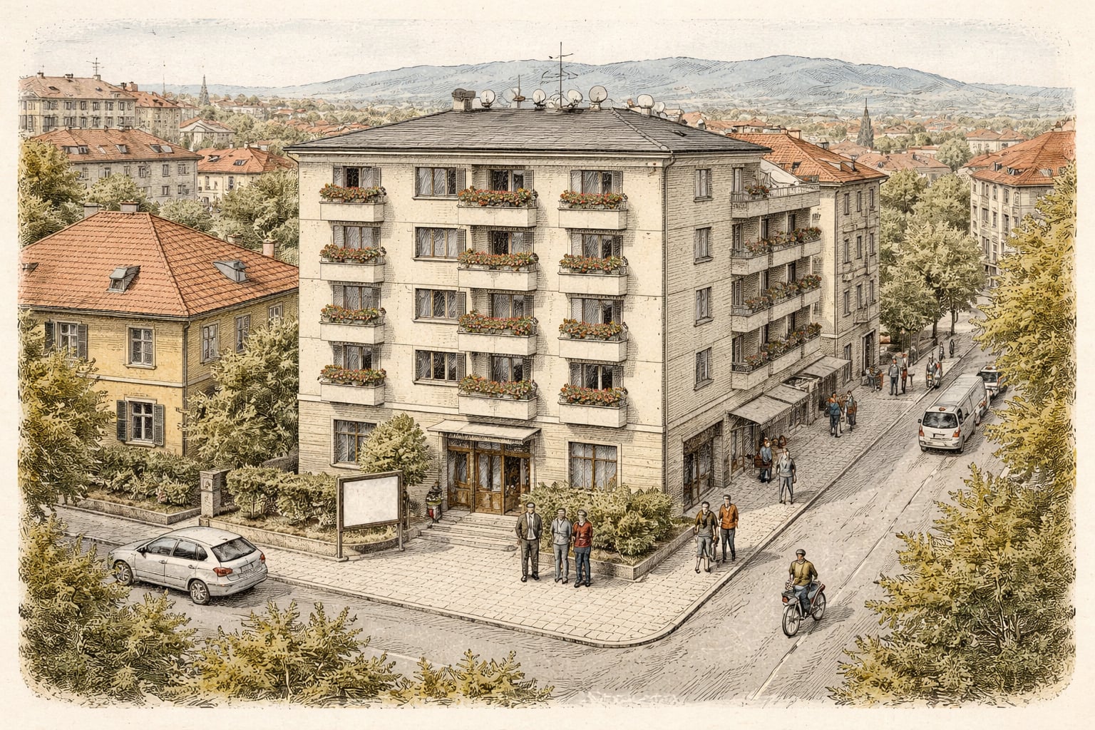 Apartment building in Cluj-Napoca with movers and real estate viewing.