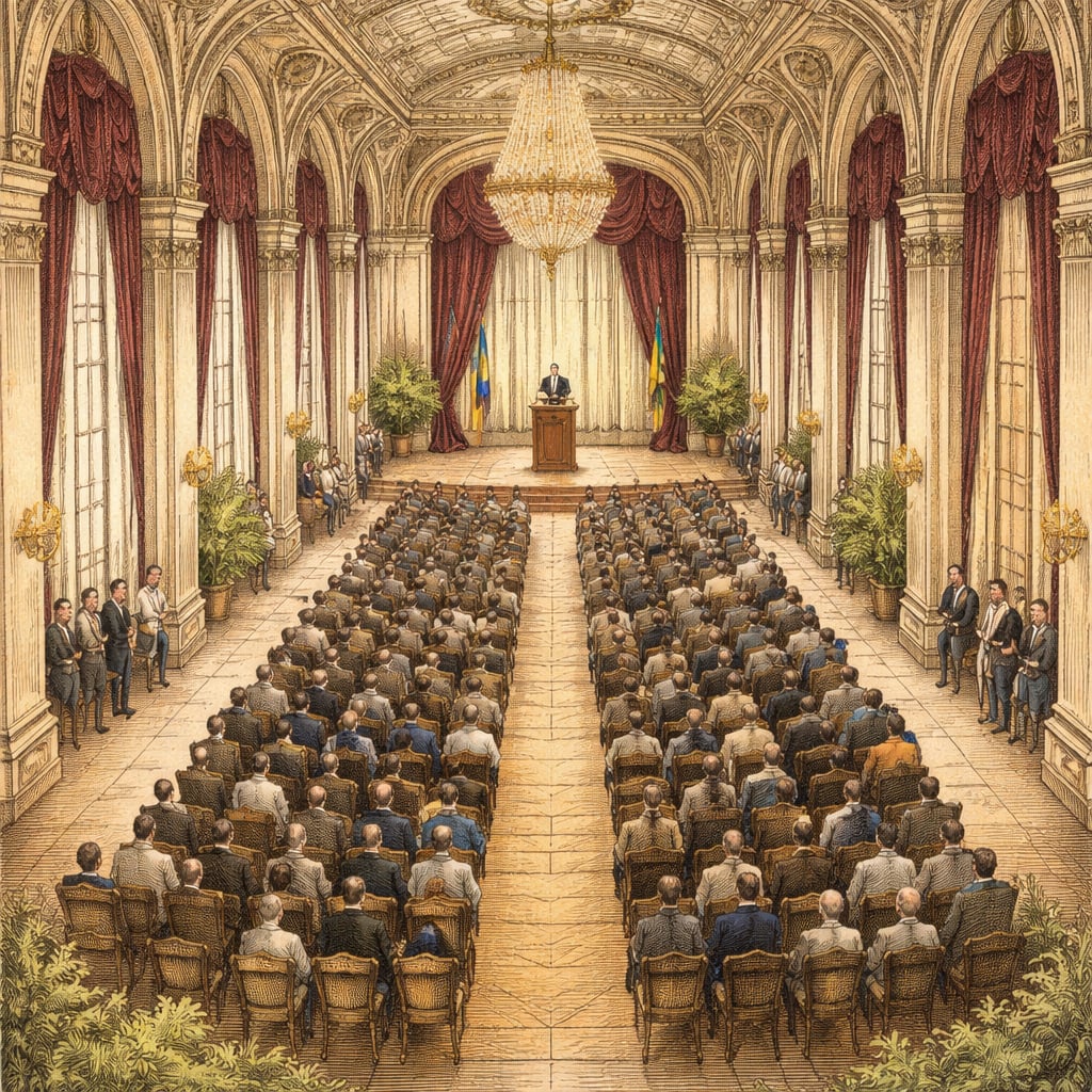 Formal gathering inside a grand hall of Cotroceni Palace in Bucharest.