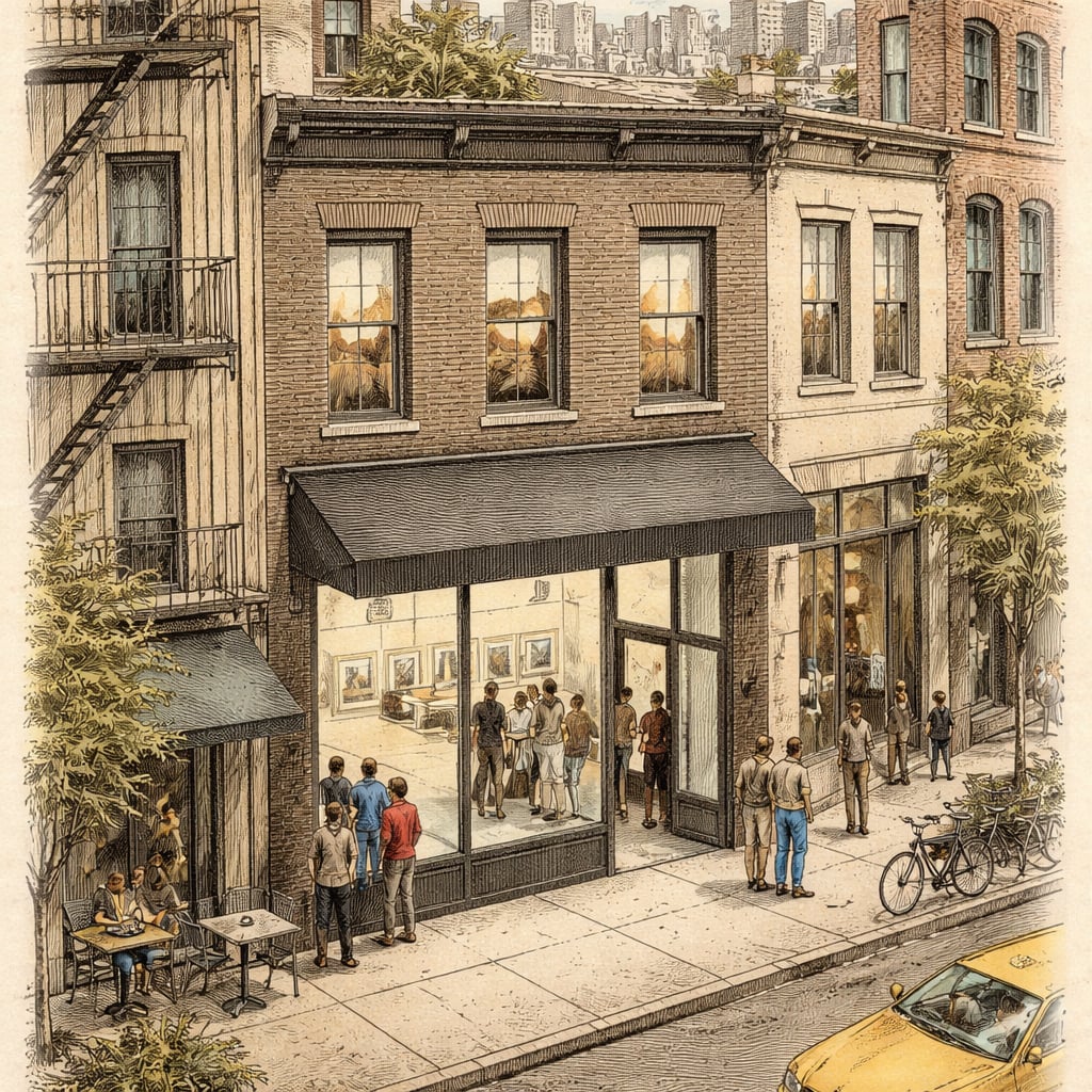 A photography exhibition displayed in a gallery storefront in Manhattan.