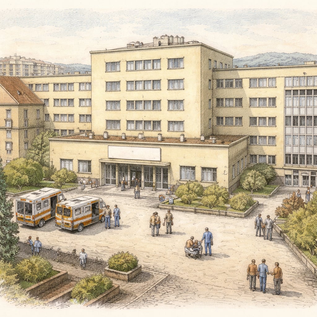 County hospital in Cluj-Napoca with medical staff and ambulances.