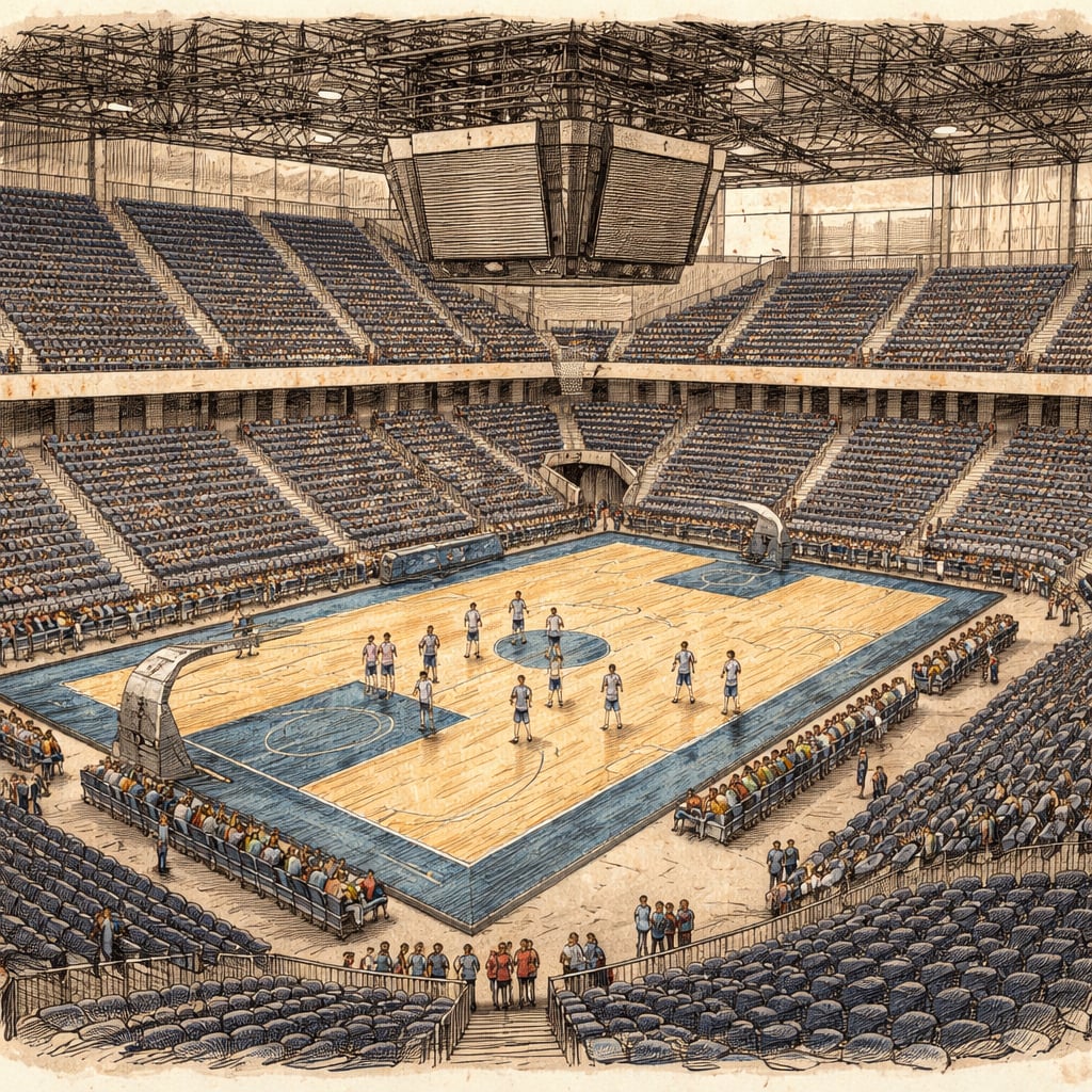 Basketball arena in Cluj-Napoca with players warming up before a match.