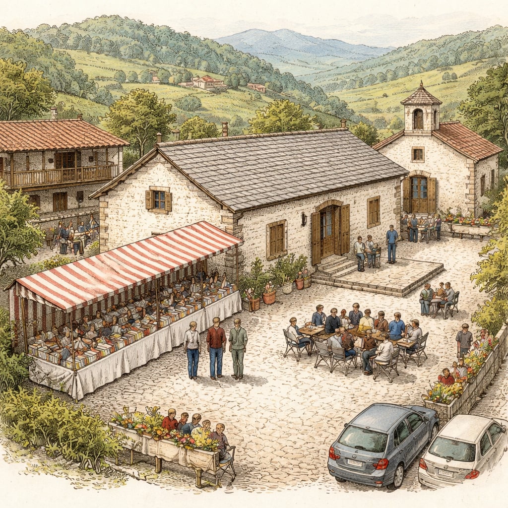 Book festival gathering in a village square in Asturias, Spain