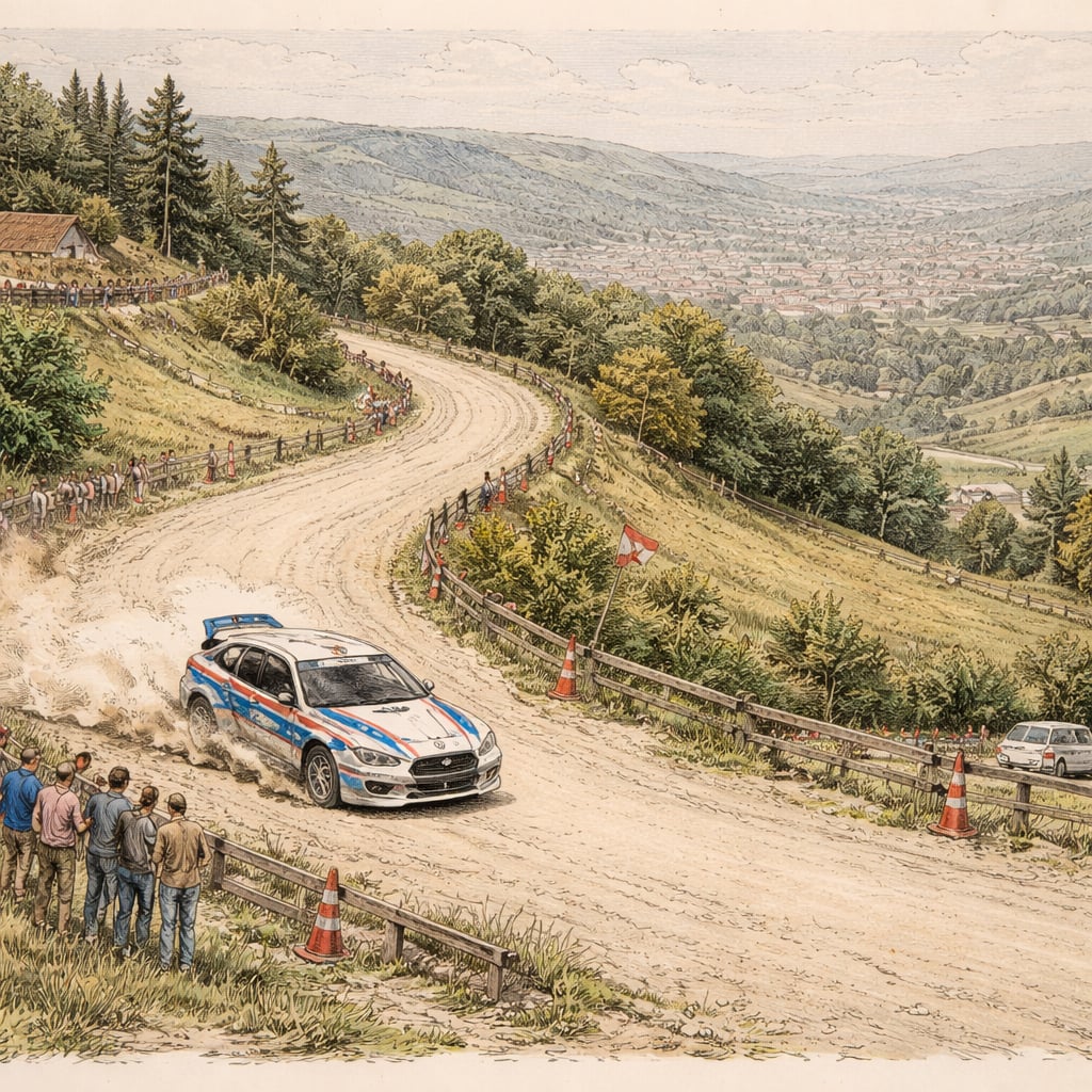 Rally car racing through hills near Cluj-Napoca during competition