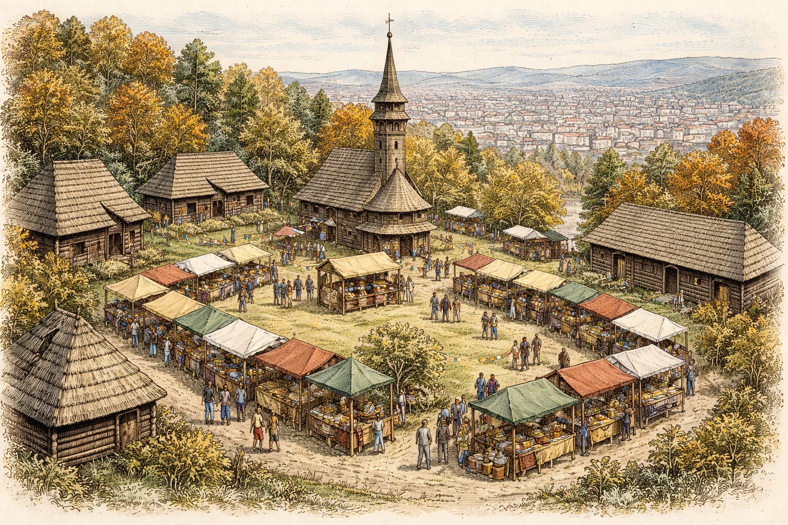 Autumn harvest festival with stalls at Cluj's ethnographic park