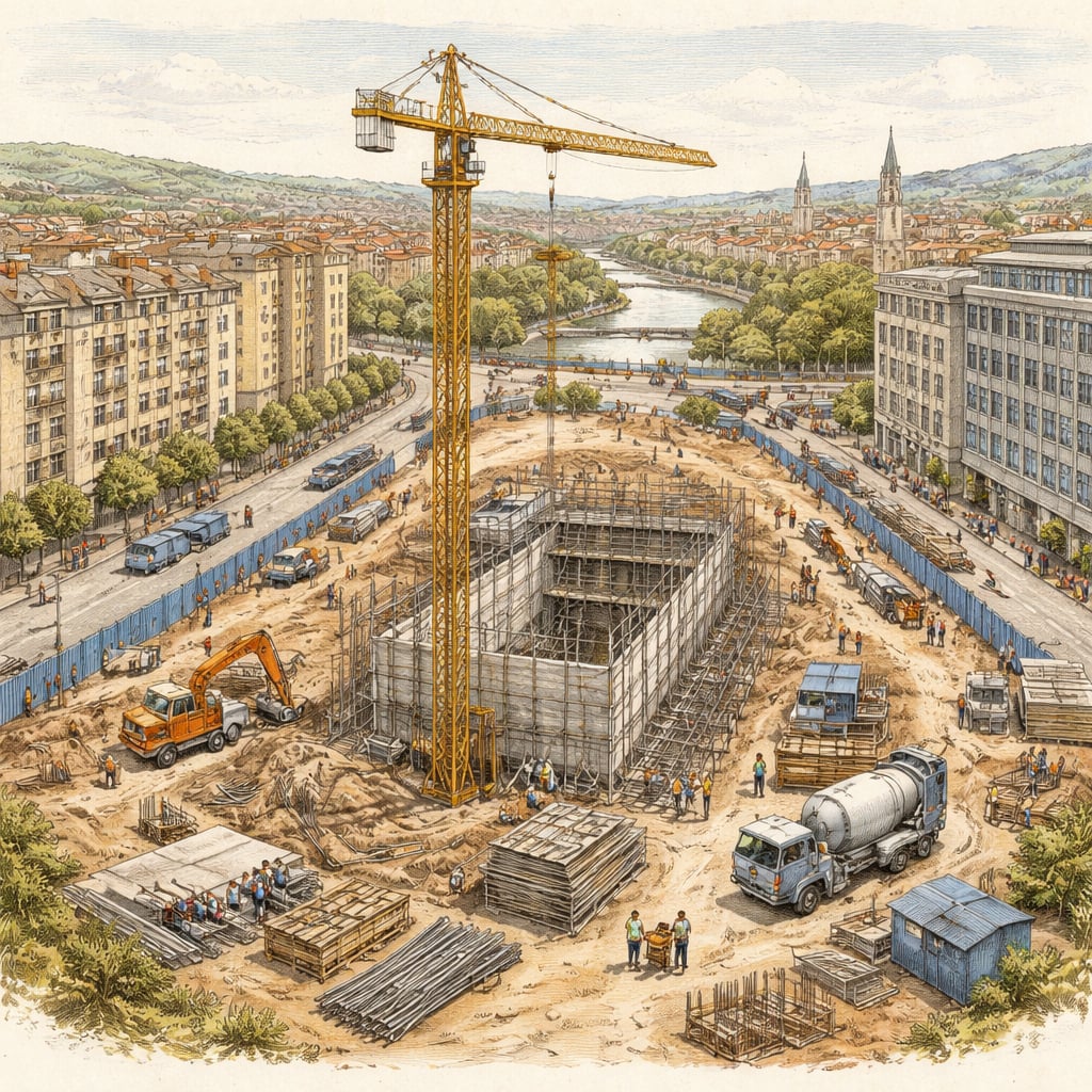Metro construction site with cranes in central Cluj-Napoca