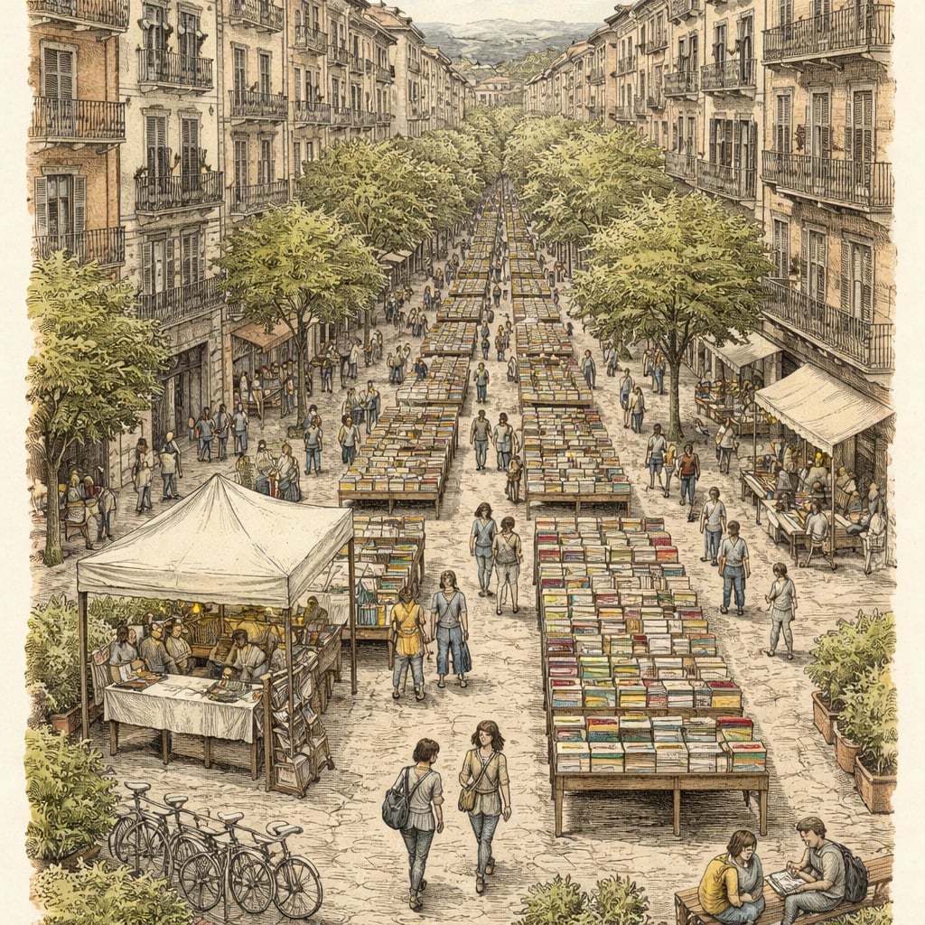 People browsing tables of books at an outdoor book exchange event.