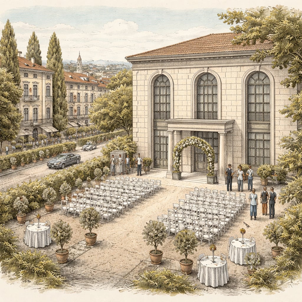 A garden wedding ceremony setup outside a registry building.