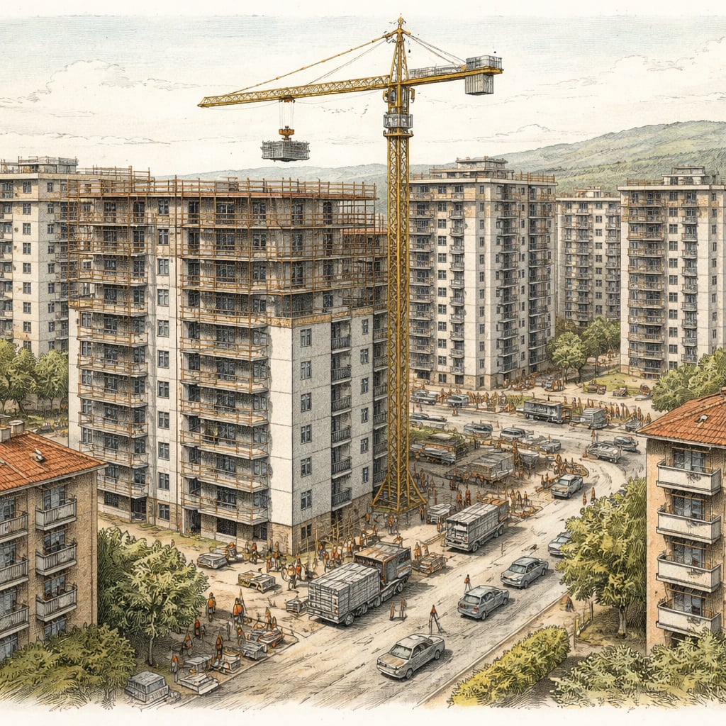 A large residential construction site with cranes and apartment towers in Cluj-Napoca.