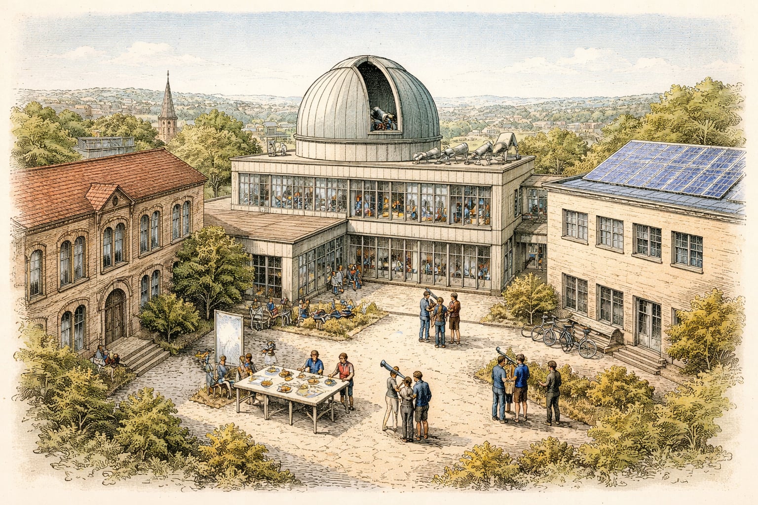 Students and telescopes outside an observatory celebrating astronomy medals.