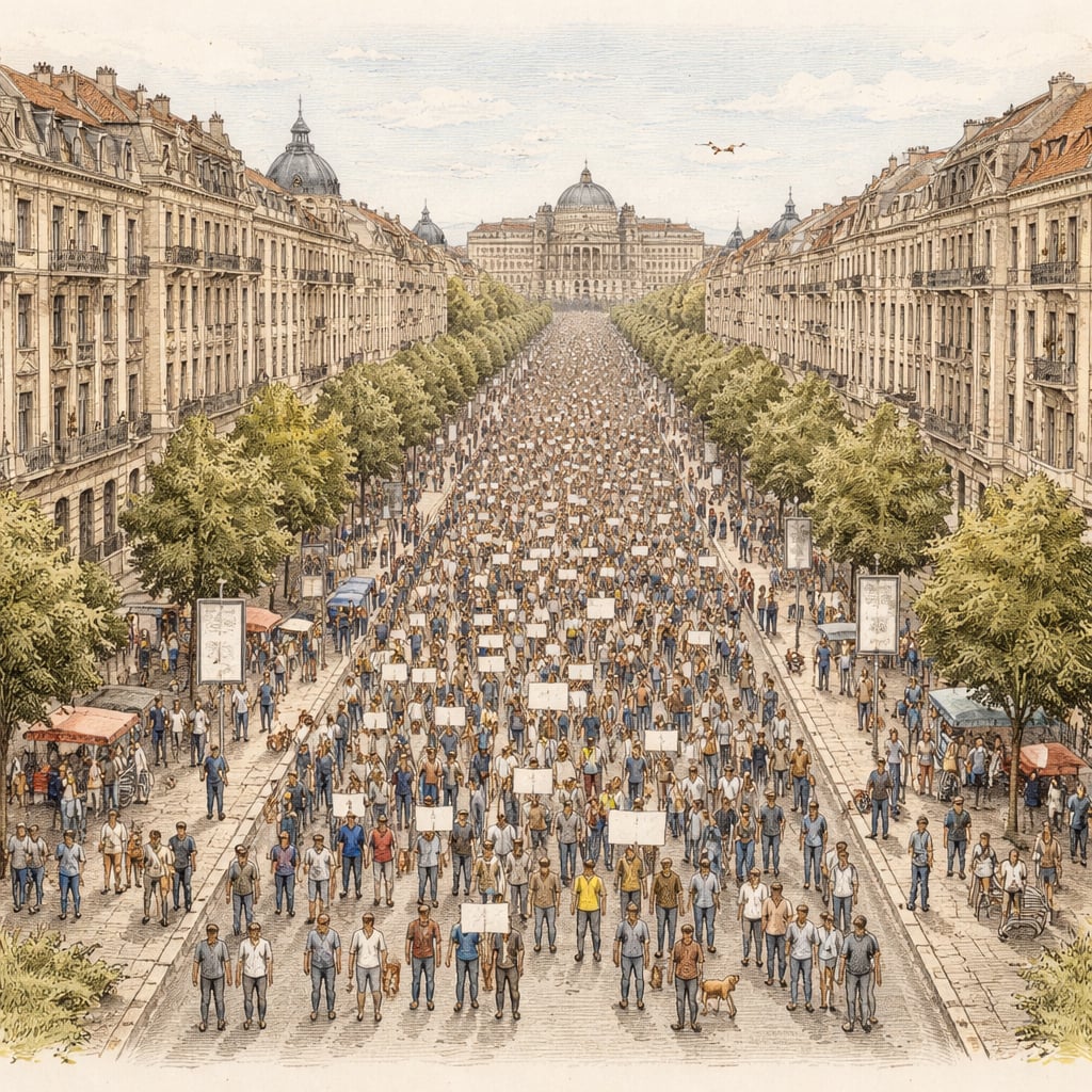 A large crowd marches with dogs through central Bucharest for animal rights.