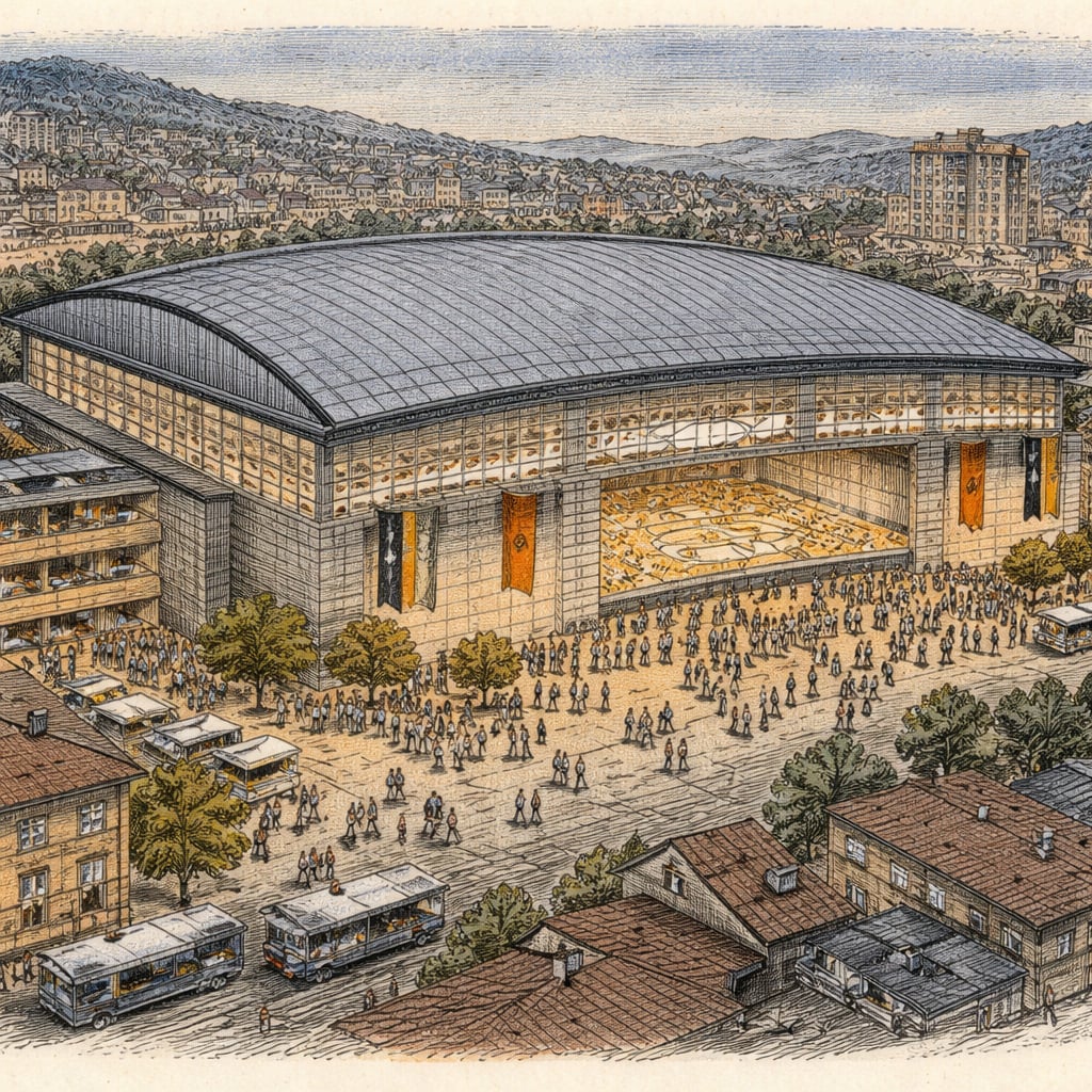 Fans gather outside a lit arena before a basketball game.
