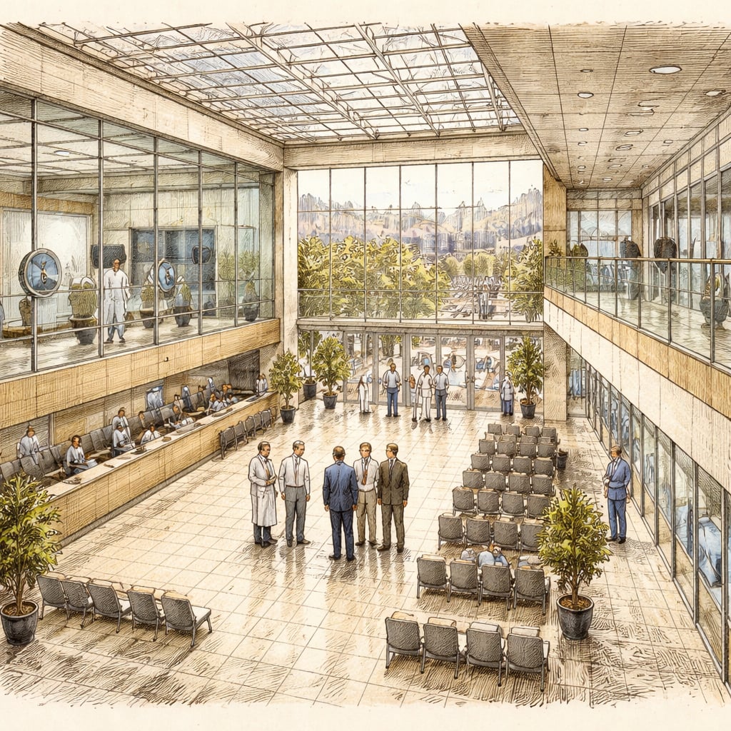 Private hospital lobby in Cluj-Napoca during a diplomatic visit.
