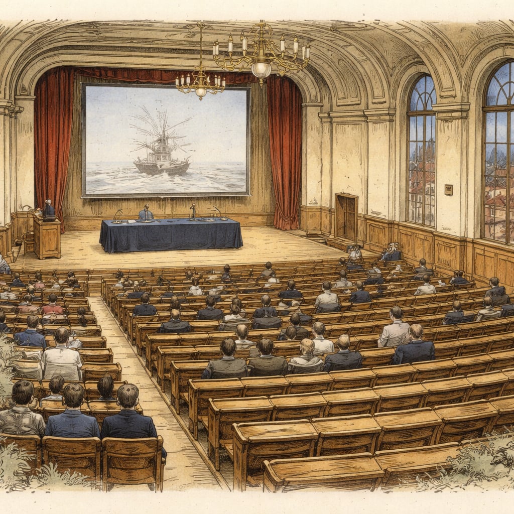 Lecture hall book launch about the Belgica Antarctic expedition.