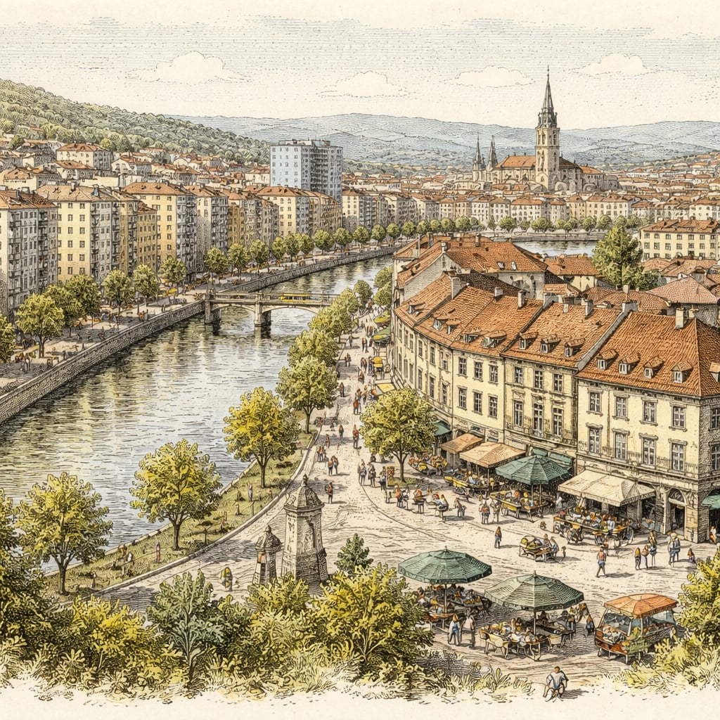 Aerial view of Cluj-Napoca's riverside district and rooftops.