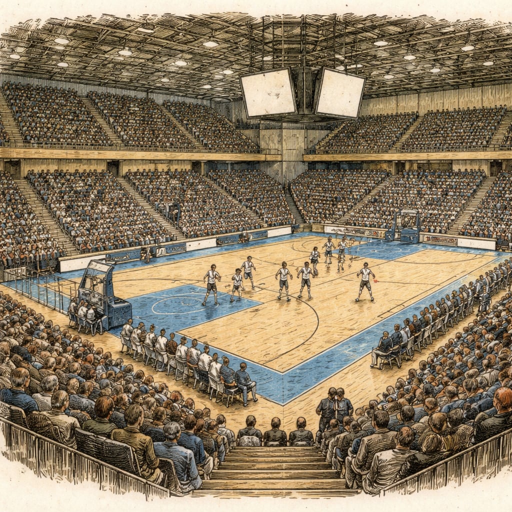 Basketball arena in Cluj-Napoca during a eurocup match.