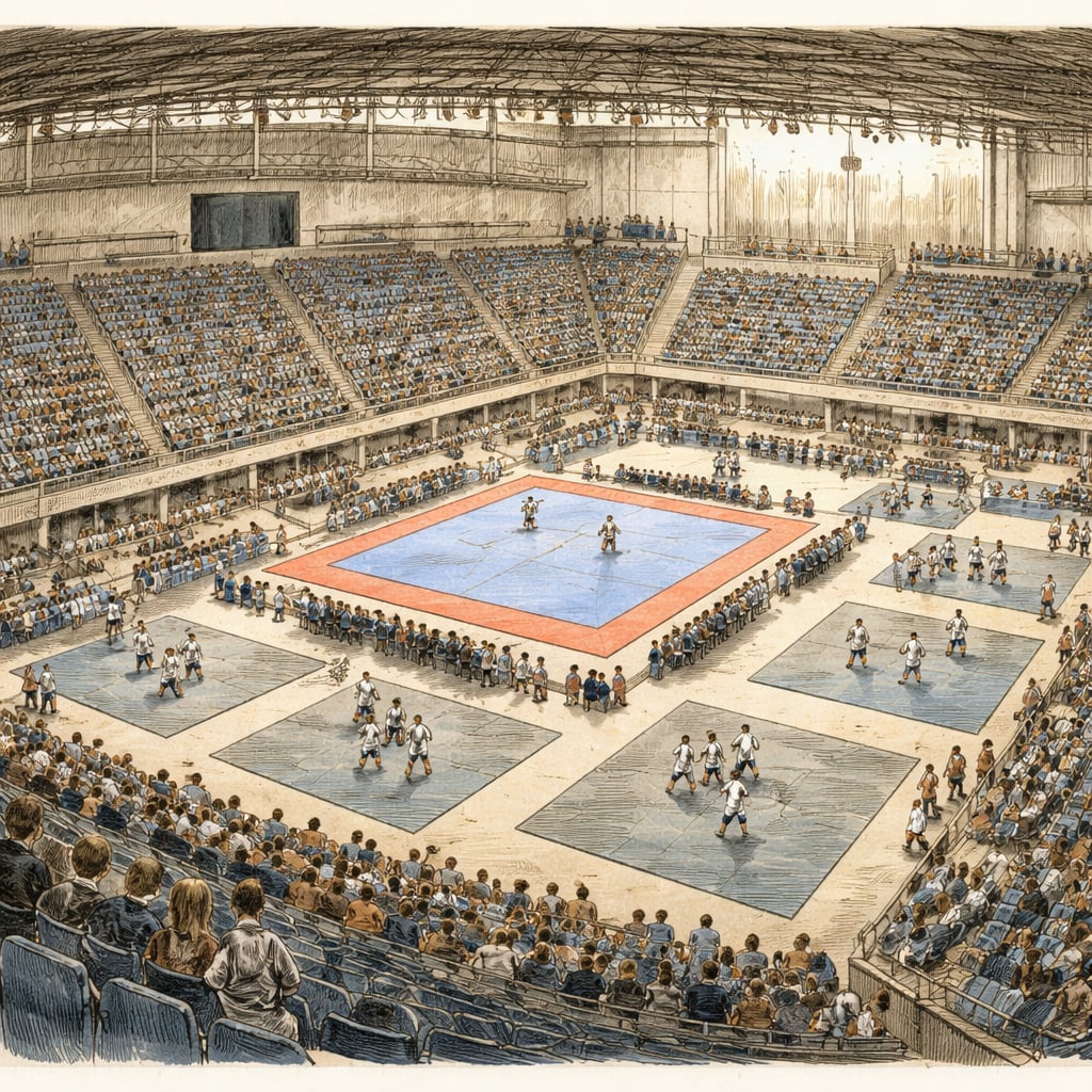 Taekwon-Do World Cup competition hall in Benidorm with athletes and medalists.