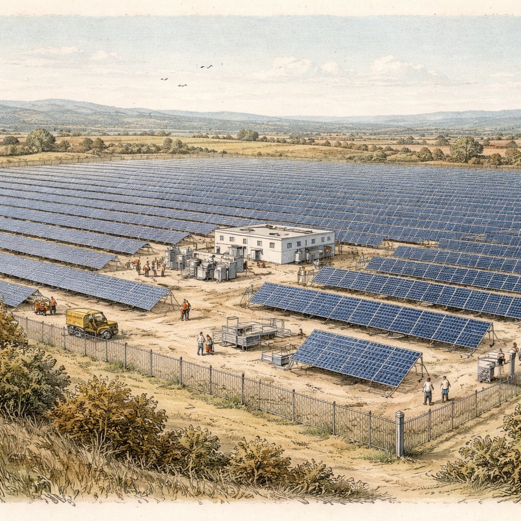 Large photovoltaic solar park under construction in the Romanian countryside.