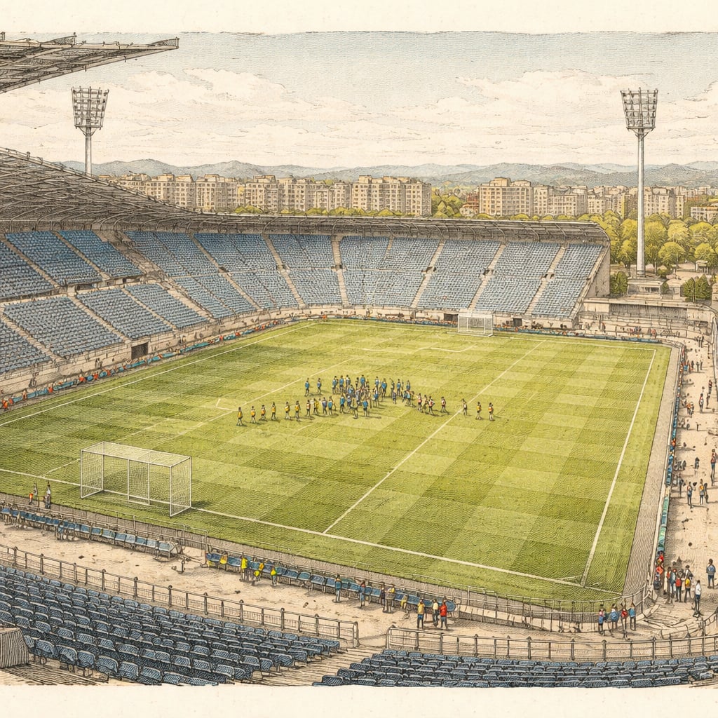 Romanian national soccer team training inside a modern stadium.