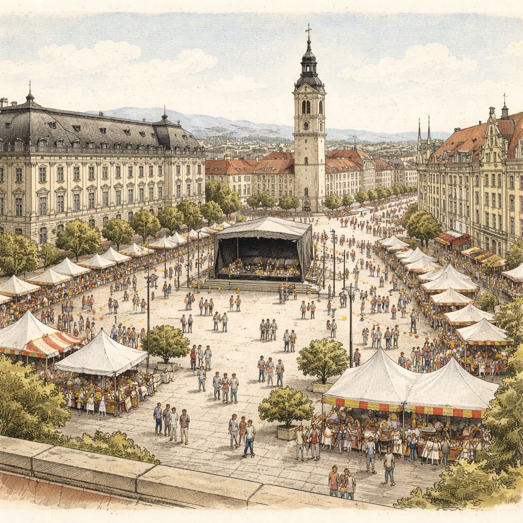 Oradea's central square decorated for city day festivities with residents and stalls.