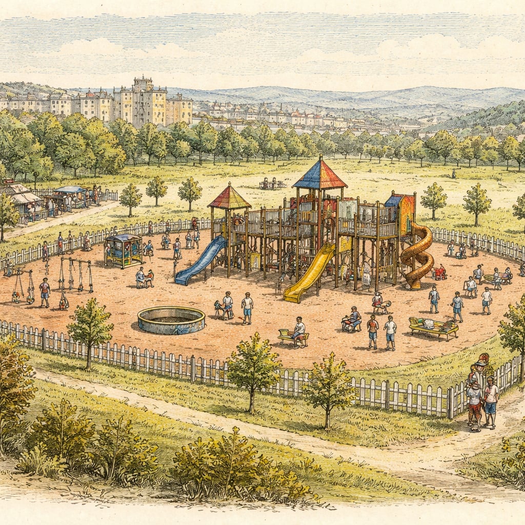 Newly opened large playground near Cluj-Napoca filled with families and children.