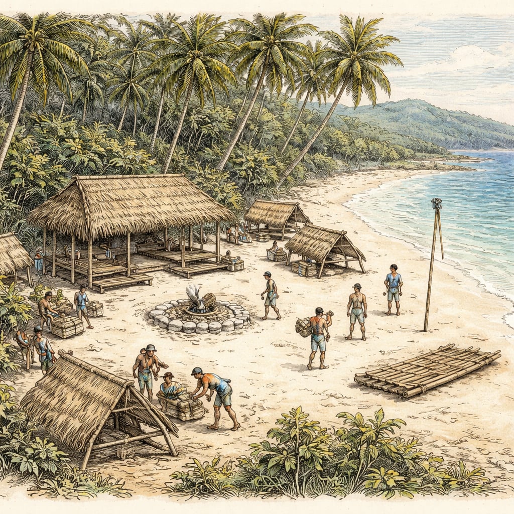 A tropical survival-show camp on a palm-lined beach with contestants.