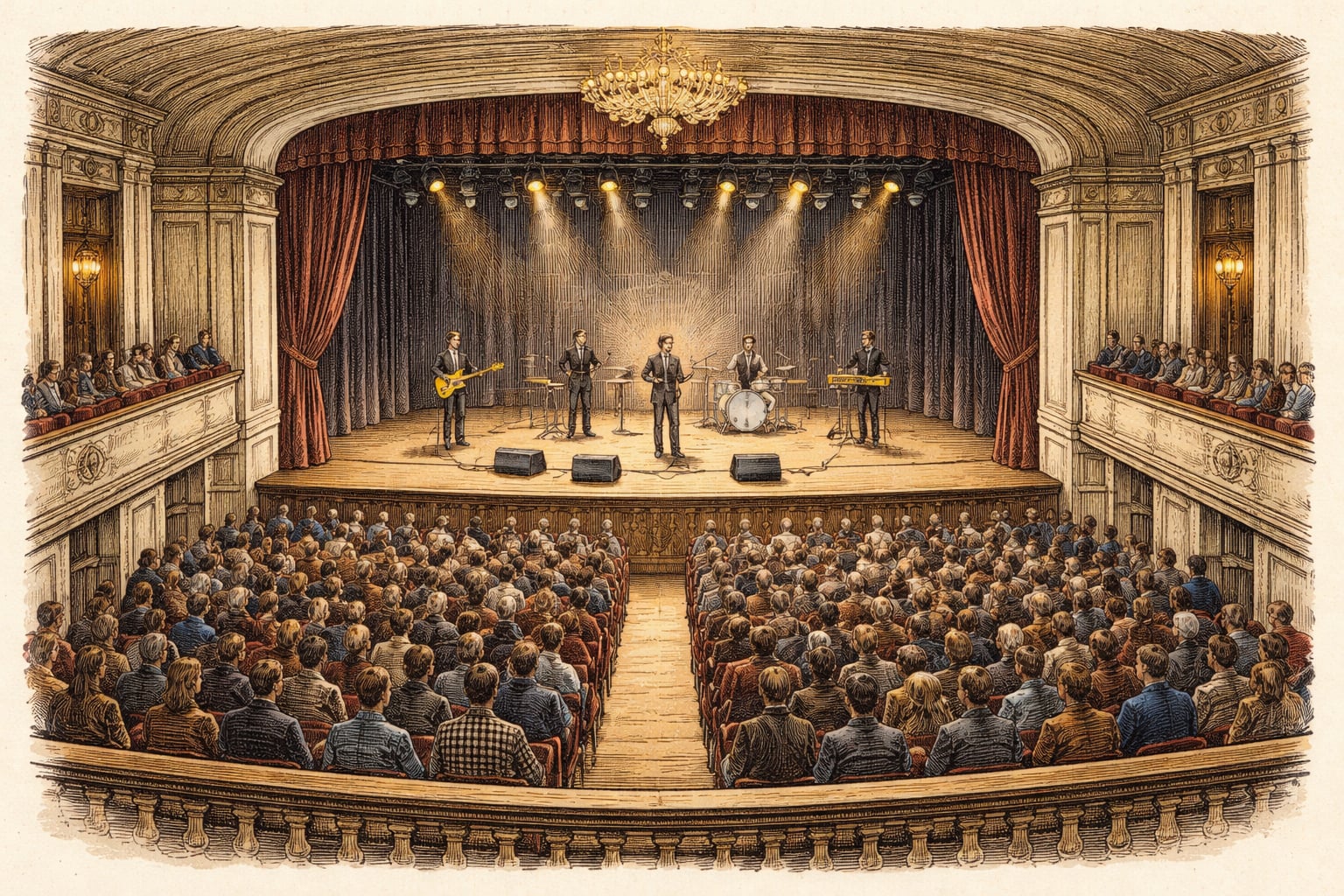 Anniversary rock concert seen from the back of a packed theater hall.