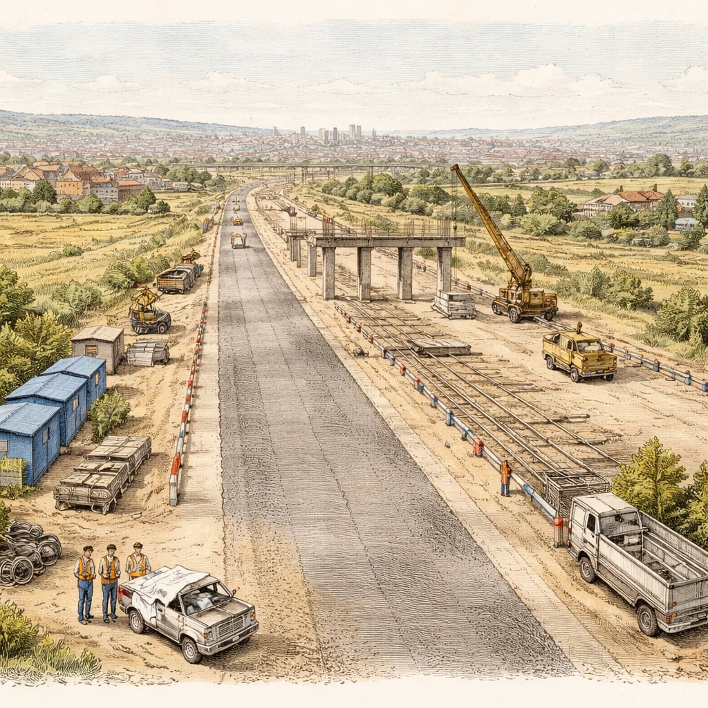 Workers and machinery building a new ring road outside Cluj-Napoca.