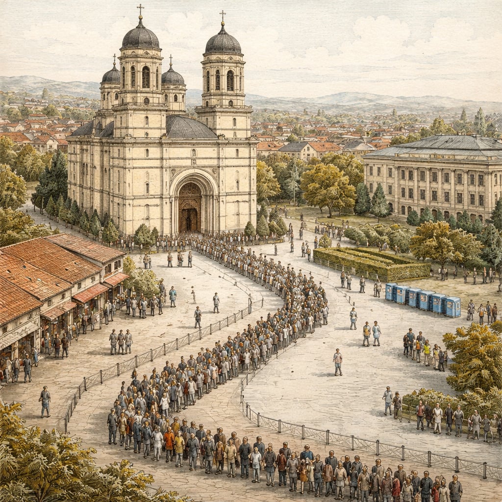 Long line of pilgrims waiting outside a cathedral in Iași.