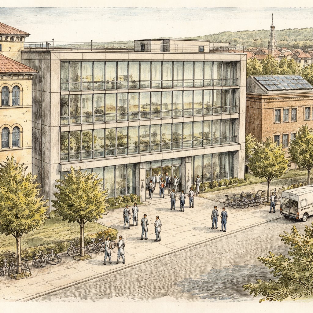 New university AI research building on a campus street in Cluj-Napoca.