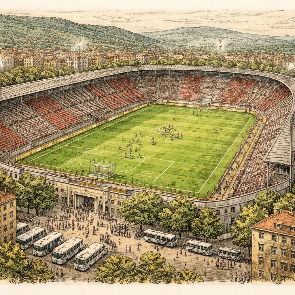 Soccer derby match in a stadium with fans cheering from the stands.