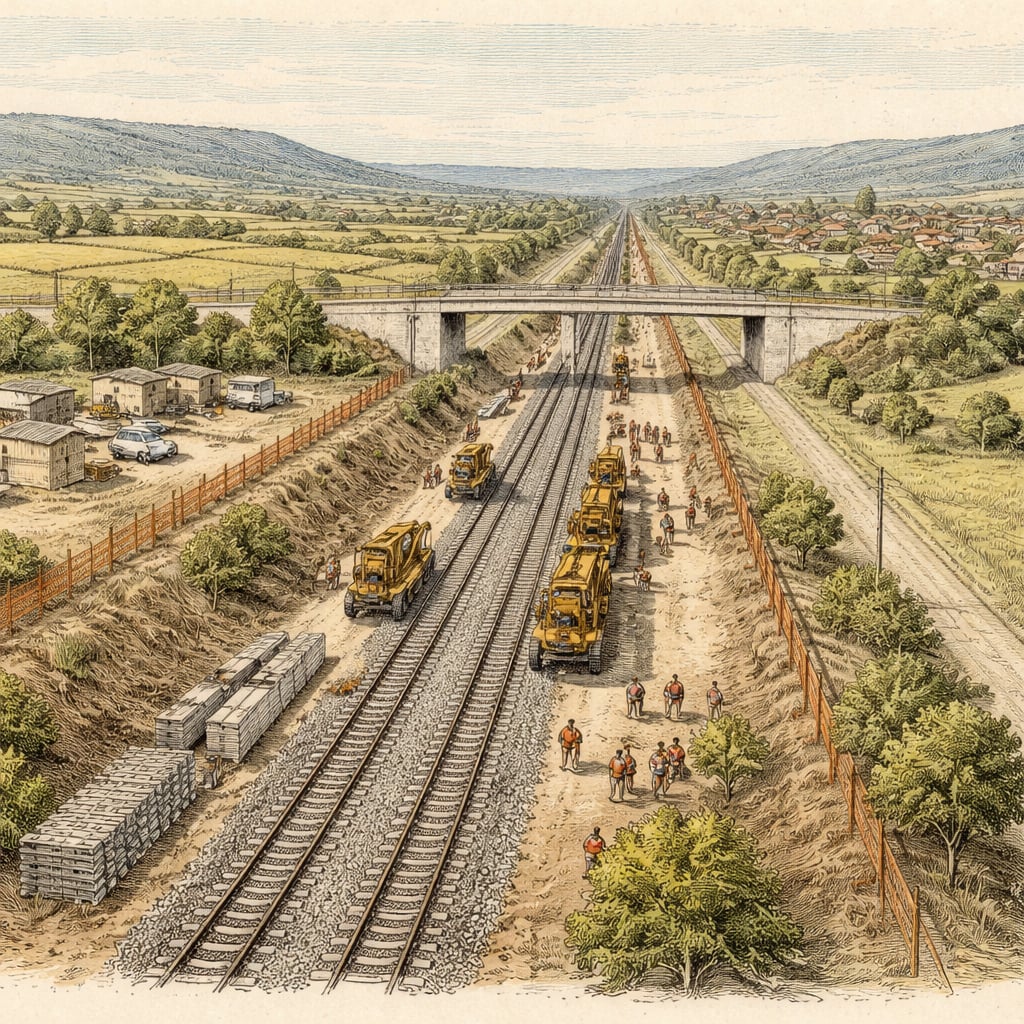 Aerial view of the Cluj-Oradea railway line under construction.
