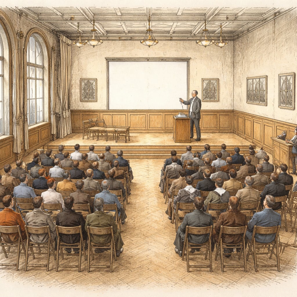 Lecture hall audience attending a heritage preservation talk in Cluj.