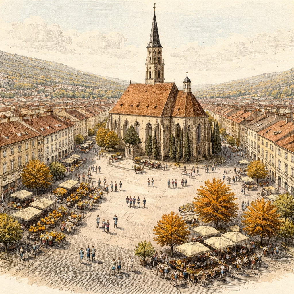 Sunny autumn weekend scene in a central Cluj-Napoca square.